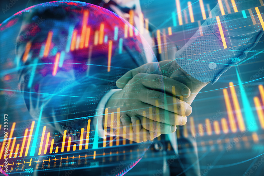 Aufkleber multi exposure of forex graph and world map on abstract background with two businessmen handshake. c