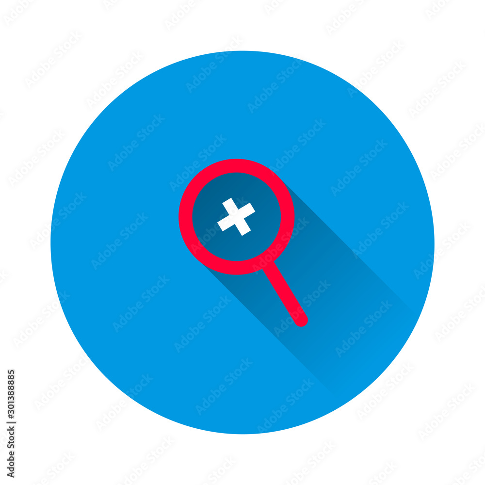 Poster vector magnifying glass icon on blue background. magnifier vector icon. flat image with long shadow.