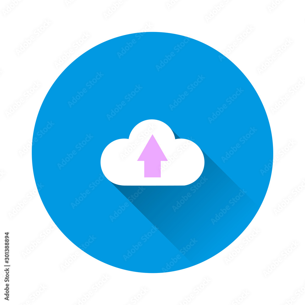 Poster vector icon upload. cloud and arrow icon on blue background. flat image with long shadow.