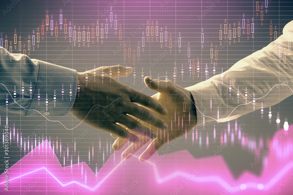 Poster multi exposure of forex graph on abstract background with two businessmen handshake. concept of succ