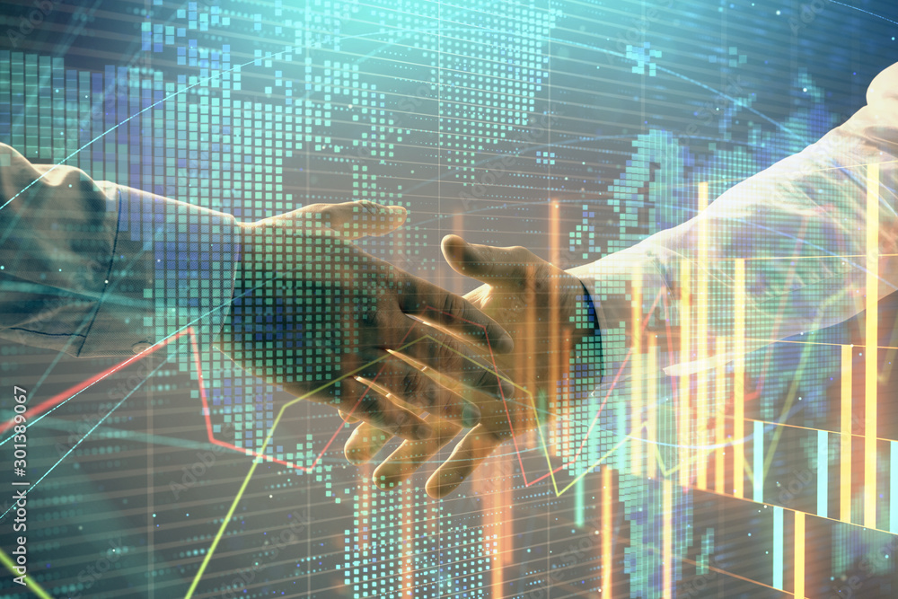 Poster multi exposure of forex graph and world map on abstract background with two businessmen handshake. c