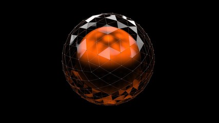 Abstract orange metallic sphere in glass polygonal object on black background. 3D render