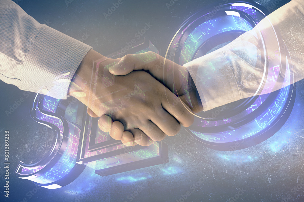 Poster multi exposure of seo icon drawing on abstract background with two men handshake. concept of informa
