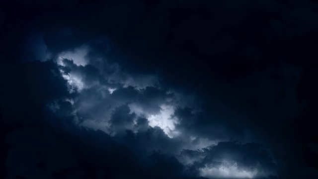 Epic thunderstorm moving clouds at night with lightning seamless loop. Realistic black storm sky timelapse with powerful flashes and lights. Force of nature and dark environment looping 3D animation.