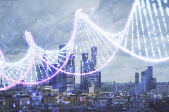 Multi exposure of DNA hologram on cityscape background. Concept of education