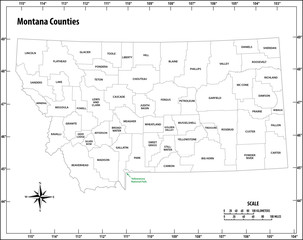 montana state outline administrative and political map in black and white