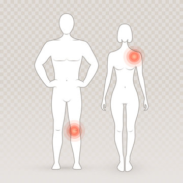 Male and female silhouettes with pain circles on the transparent background. Human model, man and women figure. Front view human body vector illustration.