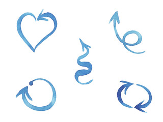 Fototapeta premium Blue watercolor hand painted brush stroke arrows collection isolated on white background