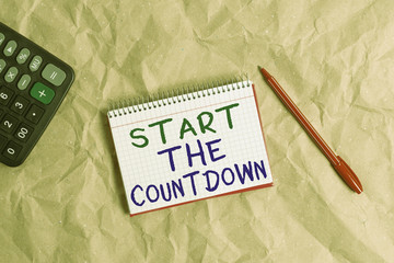 Word writing text Start The Countdown. Business photo showcasing Sequence of Backward Counting to Set the Timer Papercraft craft paper desk square spiral notebook office study supplies