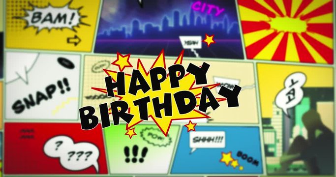 HAPPY BIRTHDAY speech bubble text in the foreground of colorful comic strip