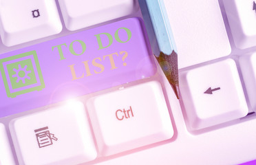 Text sign showing To Do List Question. Business photo text Series of task to be done organized in...