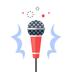 Dynamic microphone, open mic comedy stand up, master of ceremonies or emcee, talk show, podcast or broadcast