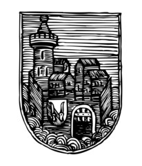 coat of arms with castle, gate and shield, coat of arms of Mikulov, linocut