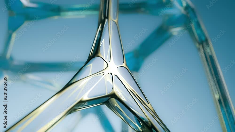 Poster blue strange ancient alien object, made by gold and crystal, slowly turning around. blurred structur