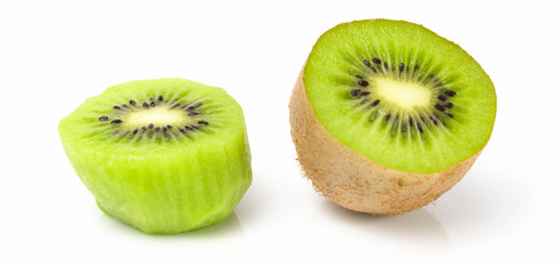 Green kiwi cut in half half on a white background