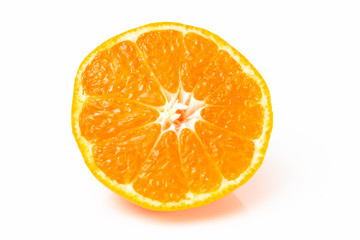 Half tangerine orange cut in half on a white background