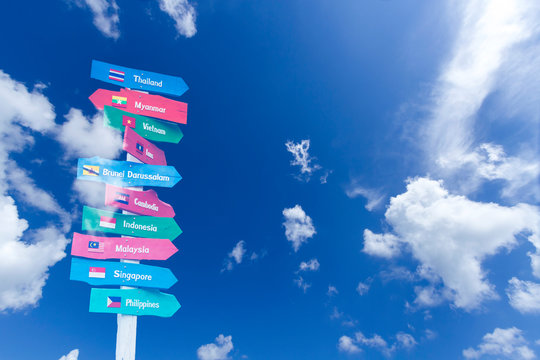 AEC country name on multicolor wood signboard over blue sky