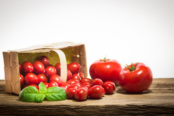 TOMATOES ON A BOARD WITH BASIL AND SPICES