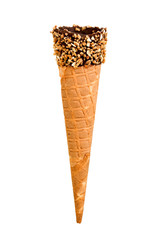 Empty cone with nuts and chocolate on white background with a copy space.