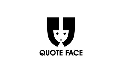 Quote Face Logo. QUOTE FACE is unique logo with combining flip quote type and face using negative space or empty space on the centre of quote.