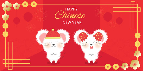 Fototapeta na wymiar happy Chinese new year with cute rats and red background.Furry cartoon.