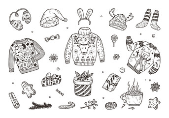 Ugly Christmas Sweater Party. Hand Drawn Doodle Holiday set: Christmas festive knitted clothes, gifts boxes, sweets, gingerbread cookies, mulled wine, spice. Vector Xmas Invitation Card Template
