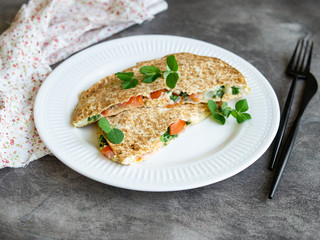 Vegetarian healthy breakfast of melted thin pita bread, cheese, tomato and herbs on a white plate and gray background. Diet. Selective focus, close up, copy space