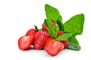 Fresh mint and juicy strawberries isolated on a white background.