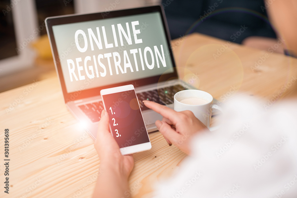 Poster text sign showing online registration. business photo text system for subscribing or registering via