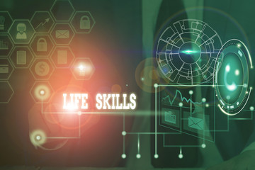 Conceptual hand writing showing Life Skills. Concept meaning skill that is necessary for full participation in everyday life Picture photo network scheme with modern smart device