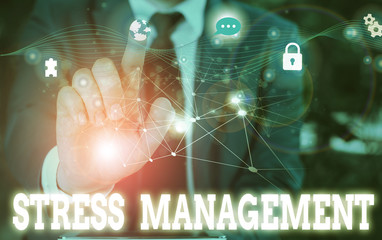 Writing note showing Stress Management. Business concept for method of limiting stress and its effects by learning ways Picture photo network scheme with modern smart device