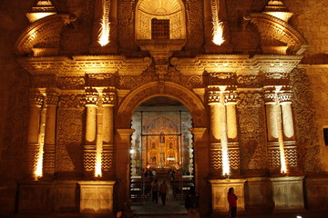 Arequipa, Peru"; August 2017: Detail of the illuminated church of the Plaza de Armas de Arequipa