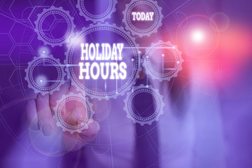 Handwriting text writing Holiday Hours. Conceptual photo employee receives twice their normal pay for all hours Picture photo system network scheme modern technology smart device