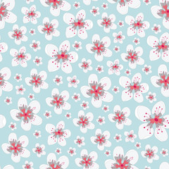 Fototapeta premium Vector Coral White Gray Flowers with on Mint Green Background Seamless Repeat Pattern. Background for textiles, cards, manufacturing, wallpapers, print, gift wrap and scrapbooking.