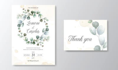 wedding invitation card with Eucalyptus leaves template © mariadeta