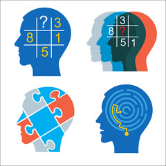   Men heads with sudoku, puzzle and maze. Four stylized male head silhouettes. Concept for psychological tests. Vector available.