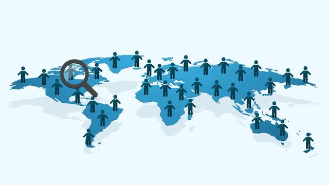 blue characters on world map concept searching for a good employee or leader abstract business motion background