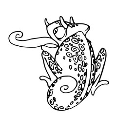 cute horned spotted chameleon throws out a long tongue vector illustration with black contour lines isolated on white background in hand drawn style