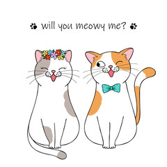 Bride and groom. Couple of cute cartoon cats. Hand drawn illustration