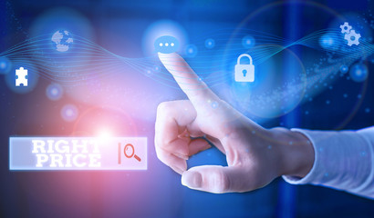 Conceptual hand writing showing Right Price. Concept meaning the amount of money that it is reasonable for the product Picture photo network scheme with modern smart device