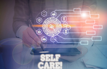 Handwriting text writing Self Care. Conceptual photo the practice of taking action to improve one s is own health Picture photo system network scheme modern technology smart device
