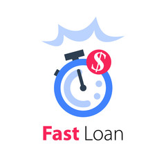 Fast cash loan, easy money, stopwatch and coin, time is money concept