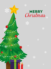 merry christmas poster with pine tree and gift boxes vector illustration design