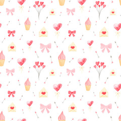 Hand drawn watercolor seamless pattern  with Valentine's day symbols. Cute pink colours. Valentines day theme on white background. Perfect for covers, textile, fabric, school supplies.