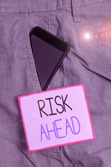 Text sign showing Risk Ahead. Business photo showcasing A probability or threat of damage, injury,...