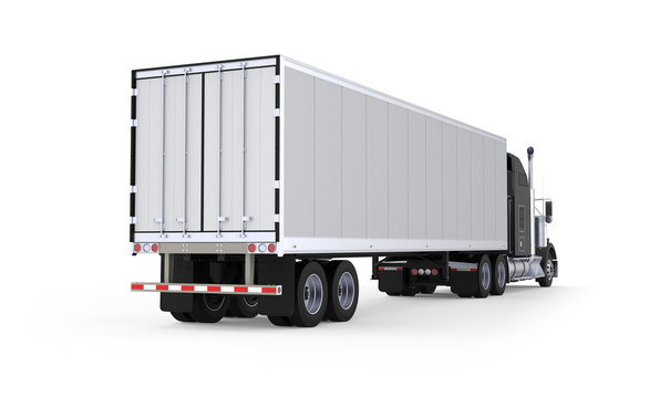 Generic American sleeper semi truck with refrigerated semi trailer from the back right side, photo realistic isolated 3D illustration on the white background.