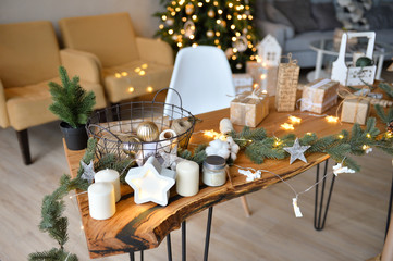 Christmas tree. Christmas toys. Decorations for Christmas party. 