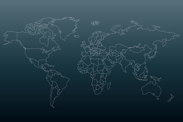 White outline world map. Flat template for banner, poster, web-site, report, infographic. Black gradient background.Globe similar worldmap silhouette. Travel concept. EPS10 illustration.