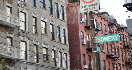 Bowery Street NYC Sign Old City Tenement Buildings Downtown New York