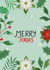 merry christmas poster with frame of flowers and leafs vector illustration design